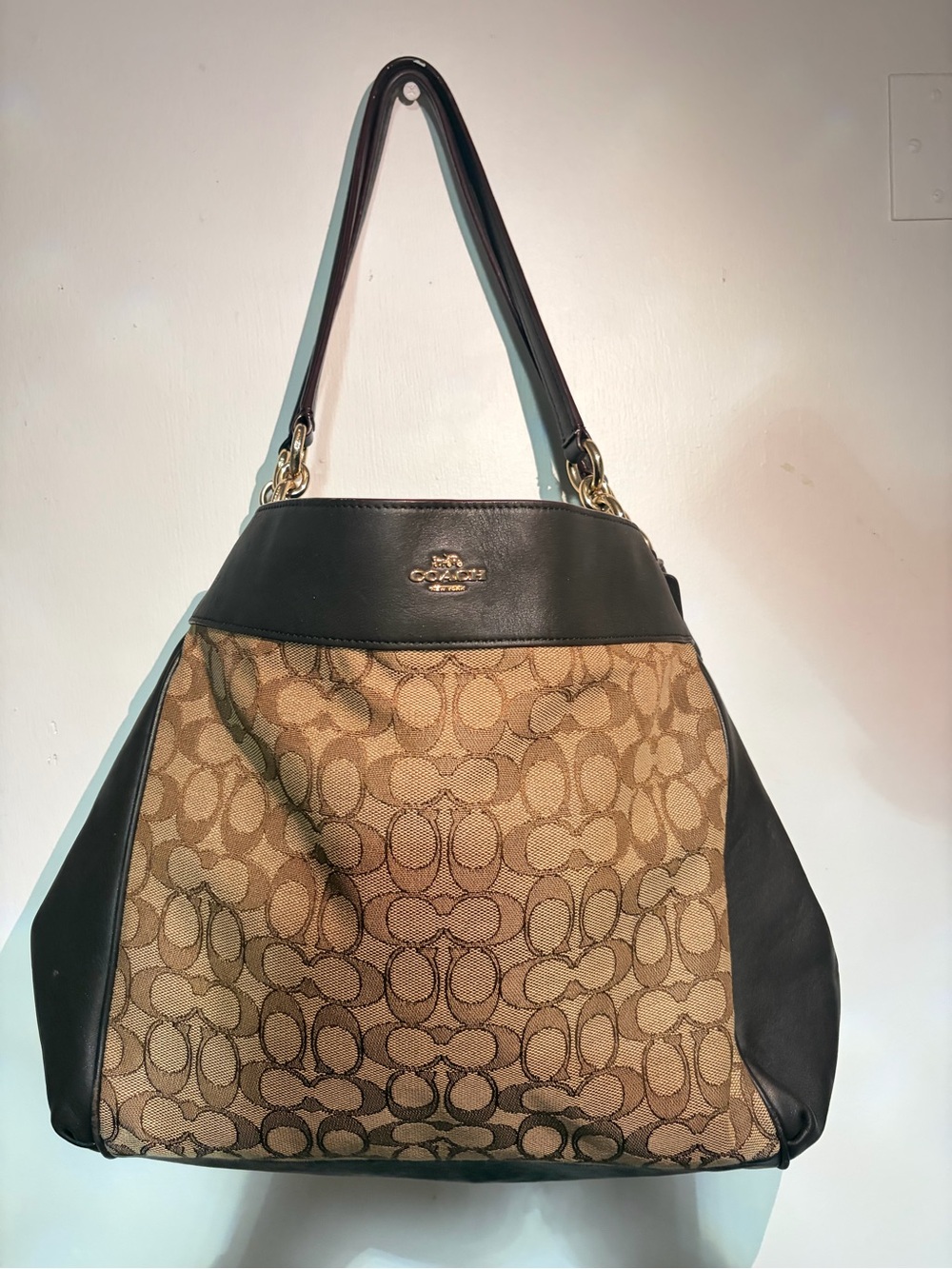Coach Brown Signature Canvas with Black Leather Shoulder Bag
